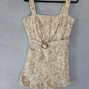 House of Harlow 1960 Parsley Linen Blend Pattern Shorts Romper Belted Size 10